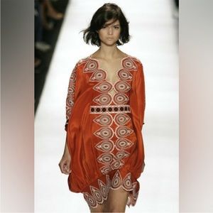 BCBGMaxAzria Runway Red Silk Boho Embroidered Ethnic Tunic Dress